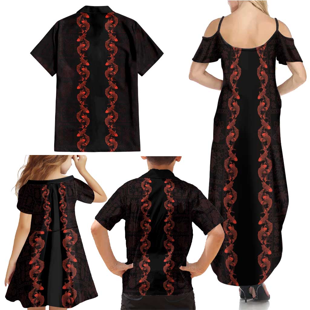 Hawaii Japan Koi Fish Red Family Matching Summer Maxi Dress and Hawaiian Shirt Tapa Pattern LT01 - Polynesian Pride