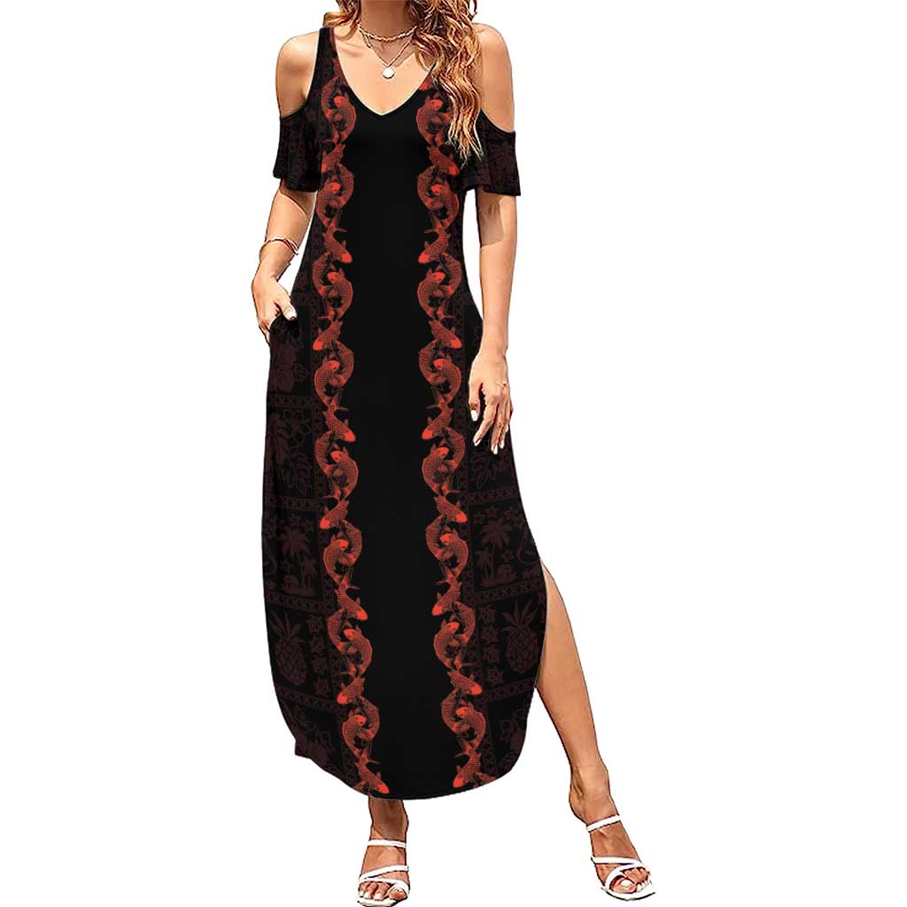 Hawaii Japan Koi Fish Red Family Matching Summer Maxi Dress and Hawaiian Shirt Tapa Pattern LT01 Mom's Dress Red - Polynesian Pride