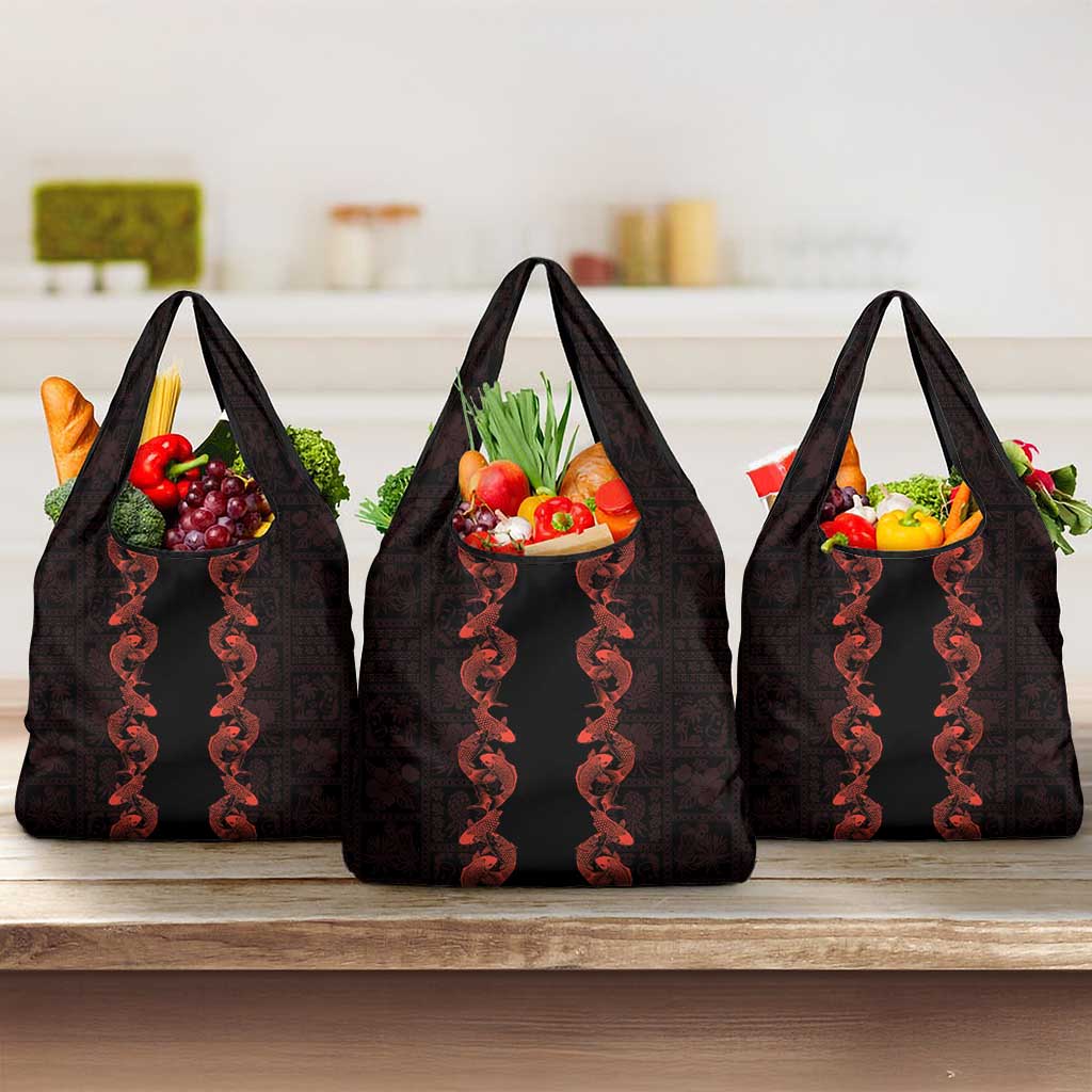 Hawaii Japan Koi Fish Red Grocery Bag Tapa Pattern - Polynesian Pride
