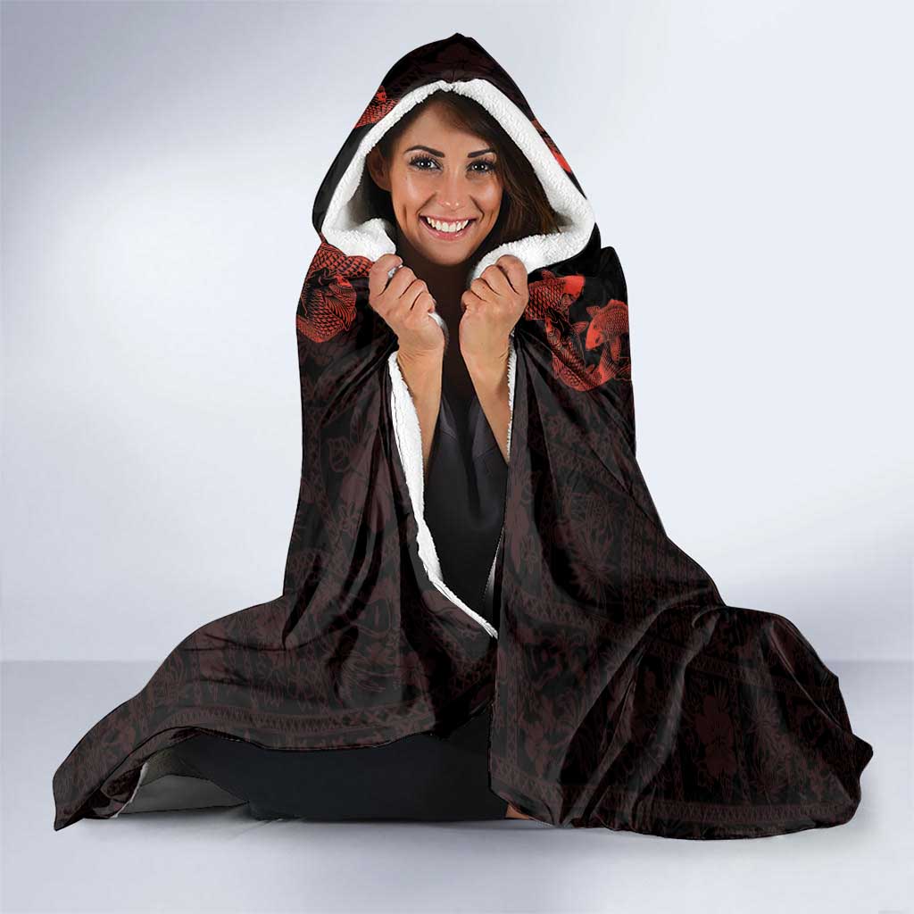Hawaii Japan Koi Fish Red Hooded Blanket Tapa Pattern - Polynesian Pride