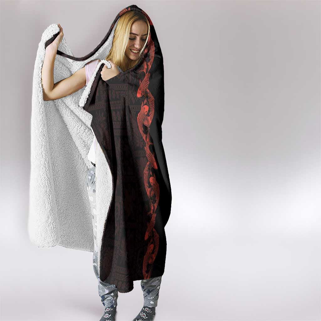 Hawaii Japan Koi Fish Red Hooded Blanket Tapa Pattern - Polynesian Pride
