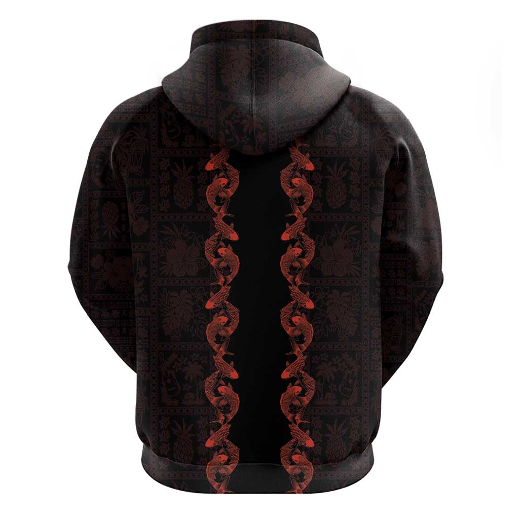Hawaii Japan Koi Fish Red Hoodie Tapa Pattern - Polynesian Pride