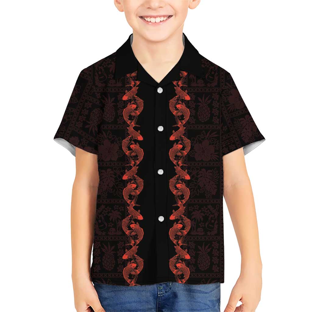 Hawaii Japan Koi Fish Red Kid Hawaiian Shirt Tapa Pattern LT01 Kid Red - Polynesian Pride