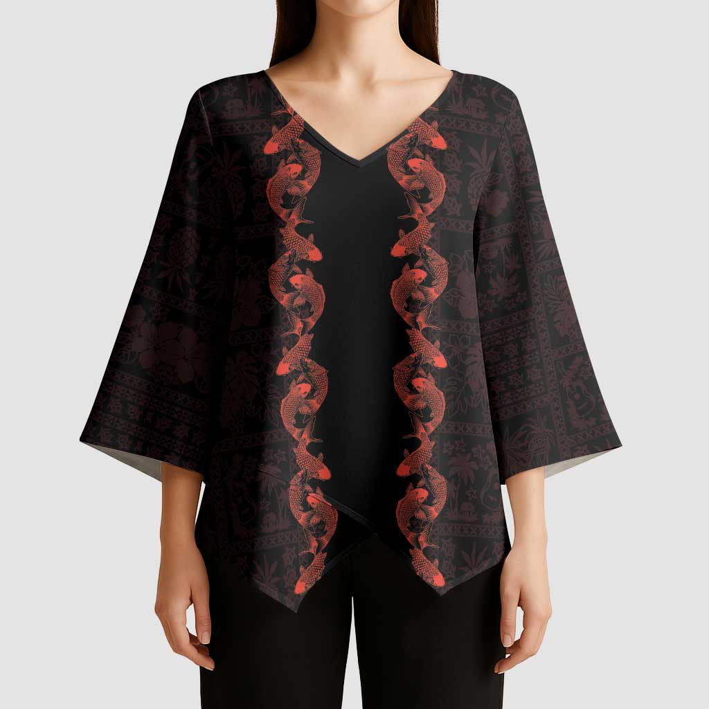 Hawaii Japan Koi Fish Red Kimono Sleeve Blouse Tapa Pattern - Polynesian Pride