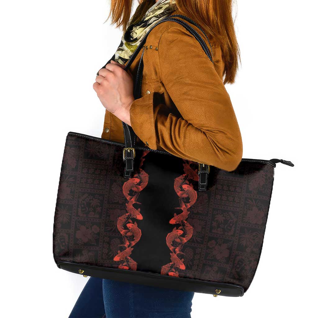 Hawaii Japan Koi Fish Red Leather Tote Bag Tapa Pattern - Polynesian Pride