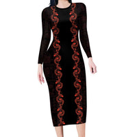Hawaii Japan Koi Fish Red Long Sleeve Bodycon Dress Tapa Pattern - Polynesian Pride
