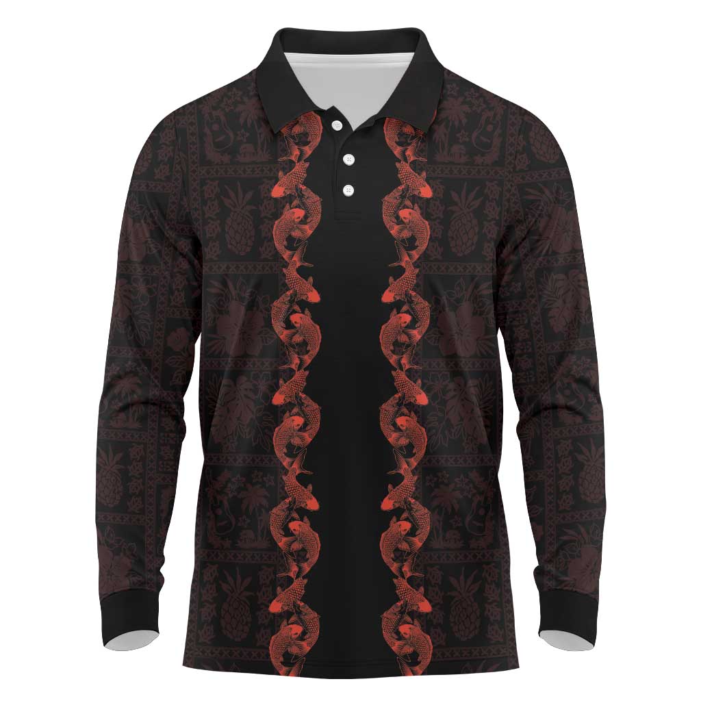 Hawaii Japan Koi Fish Red Long Sleeve Polo Shirt Tapa Pattern LT01 Red - Polynesian Pride