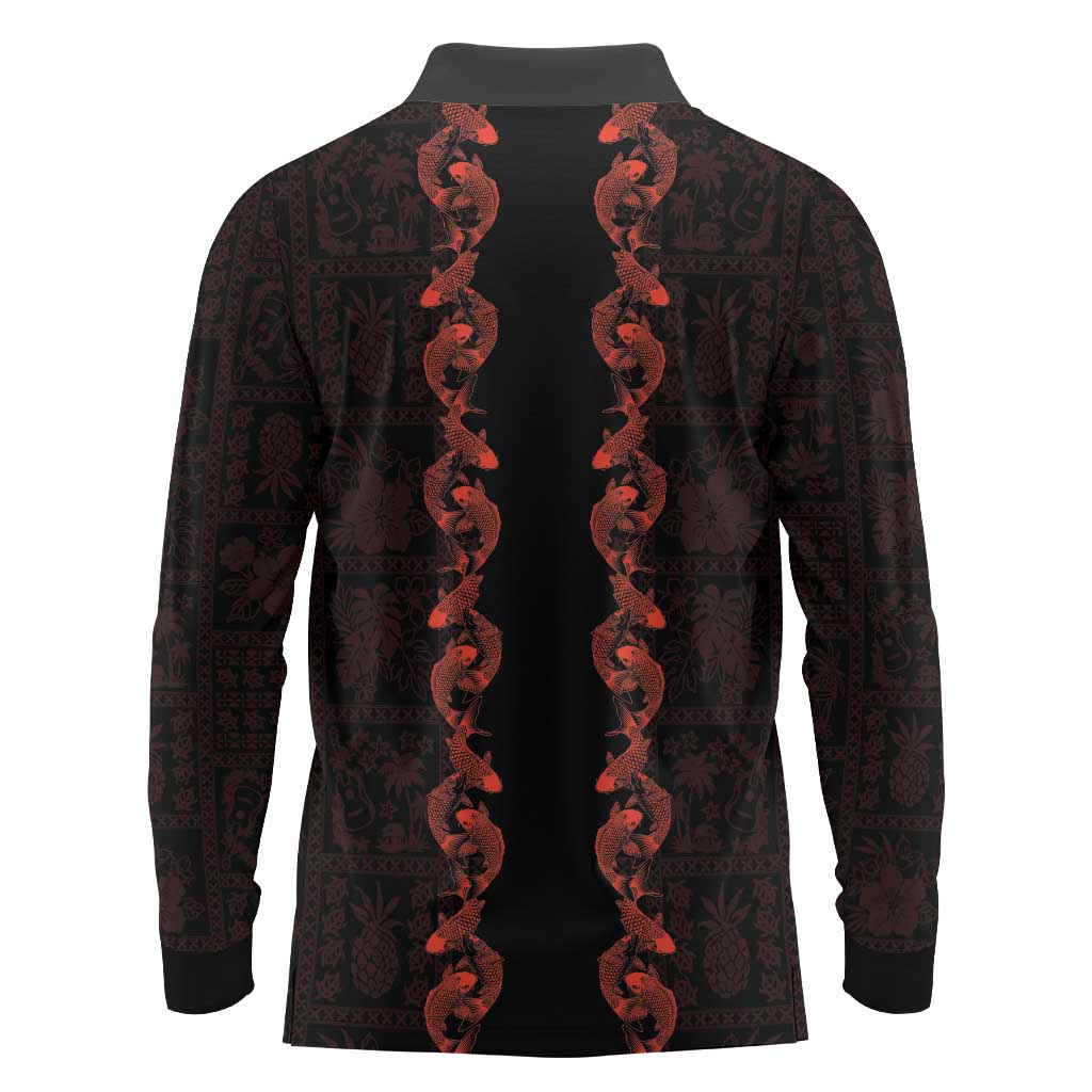 Hawaii Japan Koi Fish Red Long Sleeve Polo Shirt Tapa Pattern LT01 - Polynesian Pride
