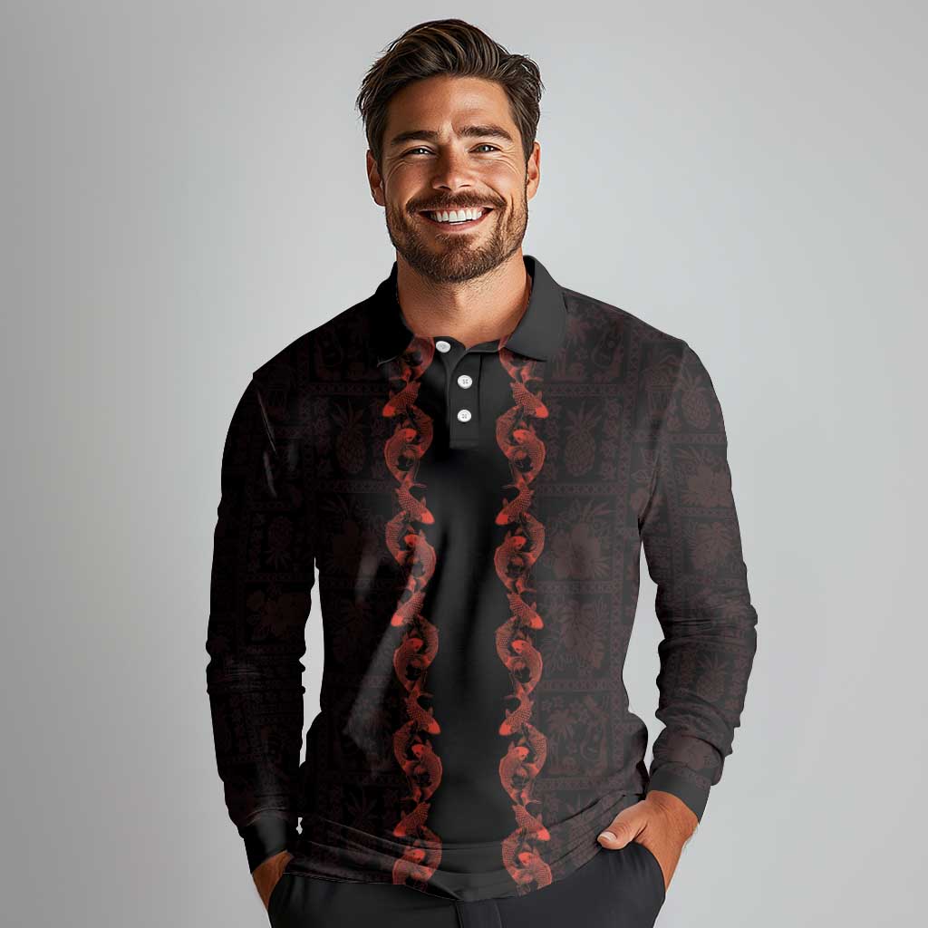 Hawaii Japan Koi Fish Red Long Sleeve Polo Shirt Tapa Pattern LT01 - Polynesian Pride