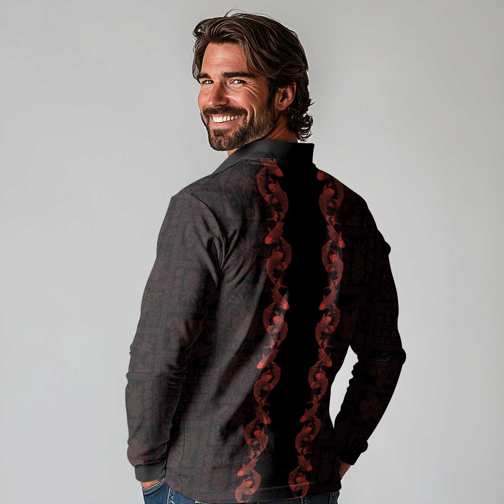 Hawaii Japan Koi Fish Red Long Sleeve Polo Shirt Tapa Pattern LT01 - Polynesian Pride