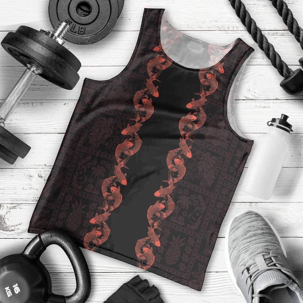 Hawaii Japan Koi Fish Red Men Tank Top Tapa Pattern - Polynesian Pride