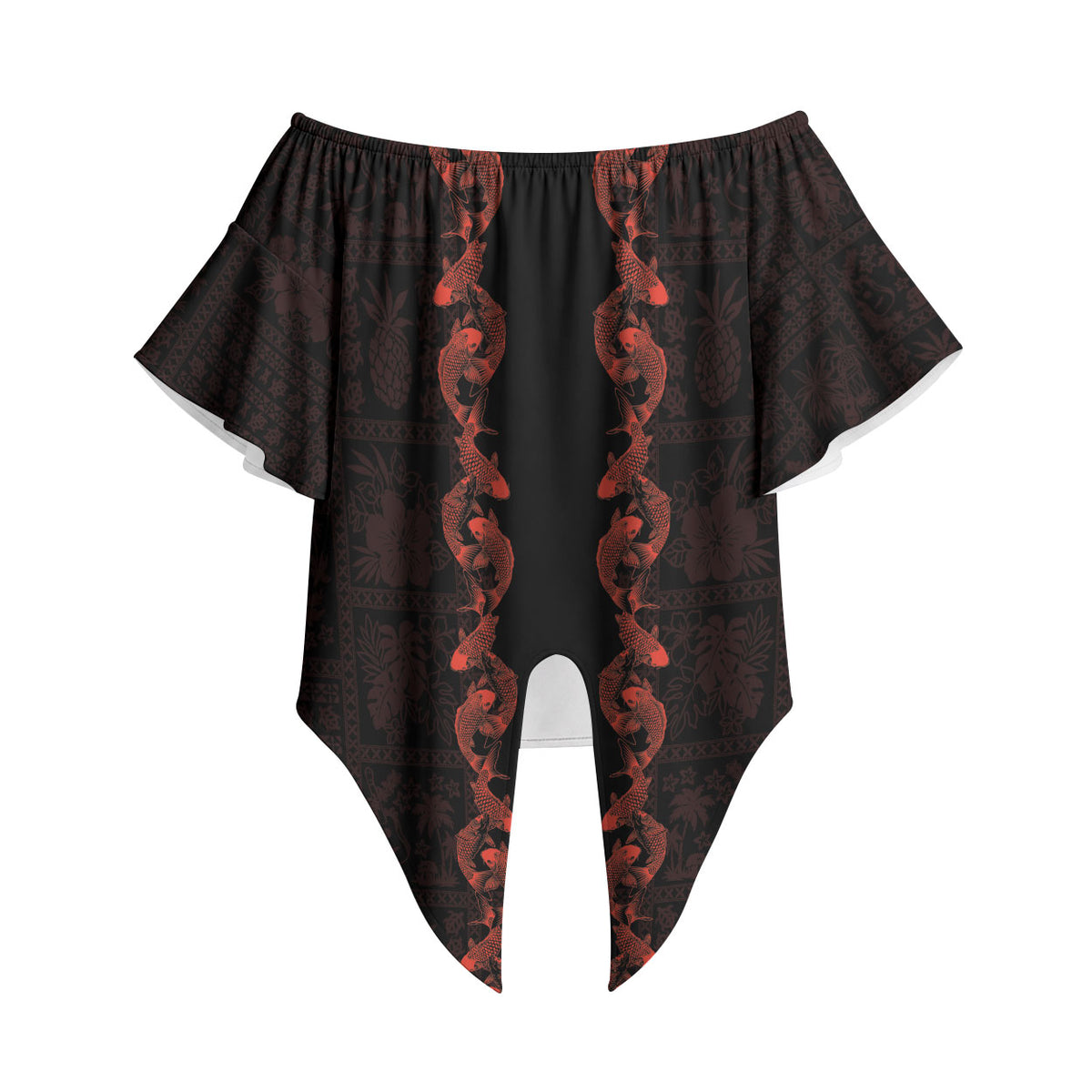 Hawaii Japan Koi Fish Red Off Shoulder Wrap Waist Top Tapa Pattern LT01 Red - Polynesian Pride