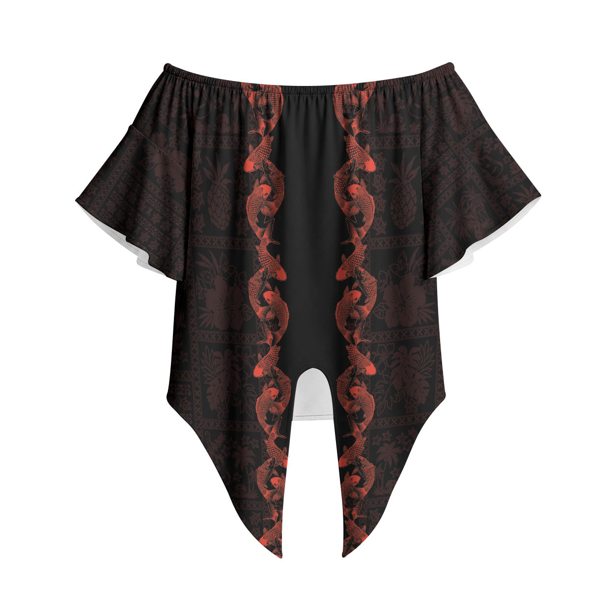 Hawaii Japan Koi Fish Red Off Shoulder Wrap Waist Top Tapa Pattern LT01 Red - Polynesian Pride