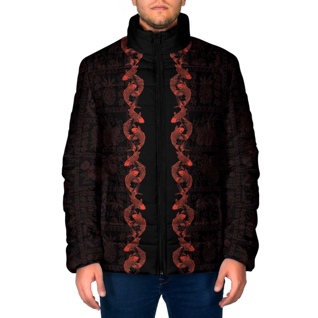 Hawaii Japan Koi Fish Red Padded Jacket Tapa Pattern - Polynesian Pride