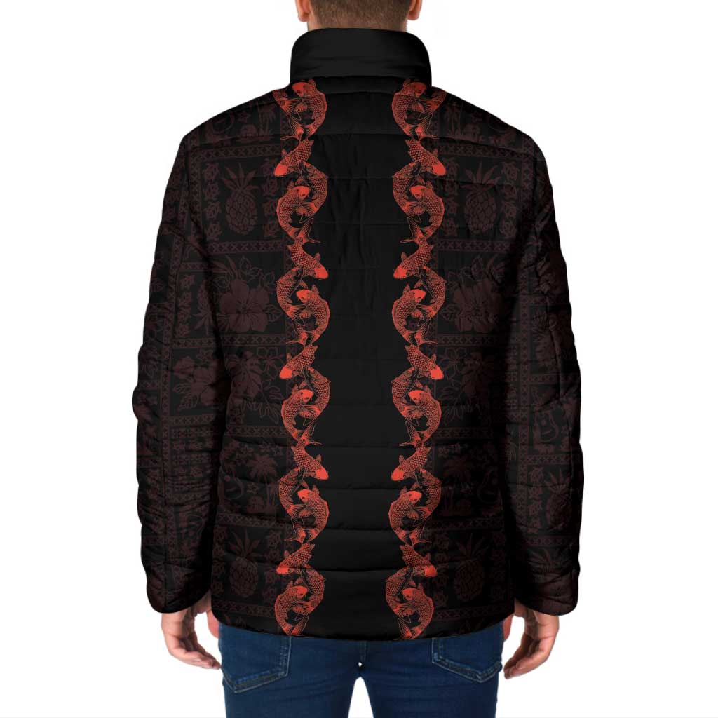 Hawaii Japan Koi Fish Red Padded Jacket Tapa Pattern - Polynesian Pride