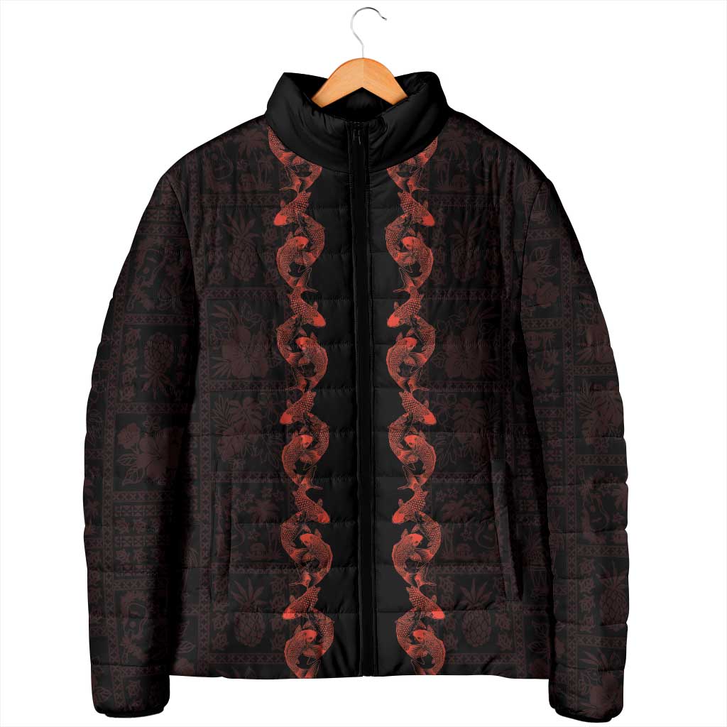 Hawaii Japan Koi Fish Red Padded Jacket Tapa Pattern - Polynesian Pride