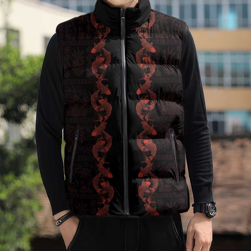 Hawaii Japan Koi Fish Red Sleeveless Puffer Jacket Tapa Pattern - Polynesian Pride