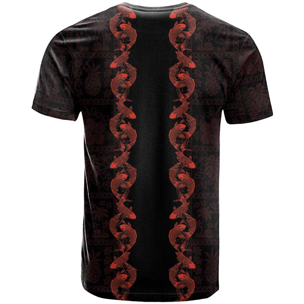 Hawaii Japan Koi Fish Red T Shirt Tapa Pattern - Polynesian Pride