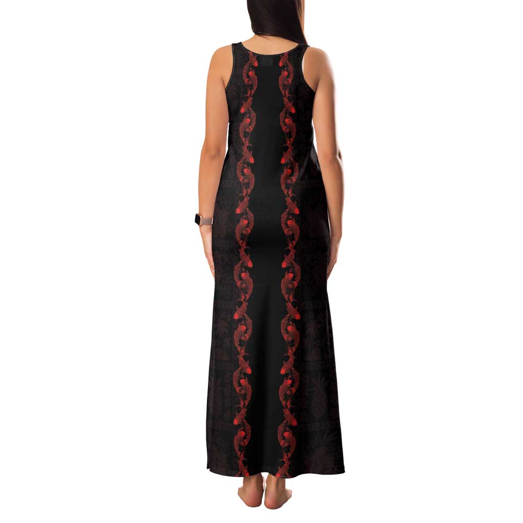 Hawaii Japan Koi Fish Red Tank Maxi Dress Tapa Pattern - Polynesian Pride