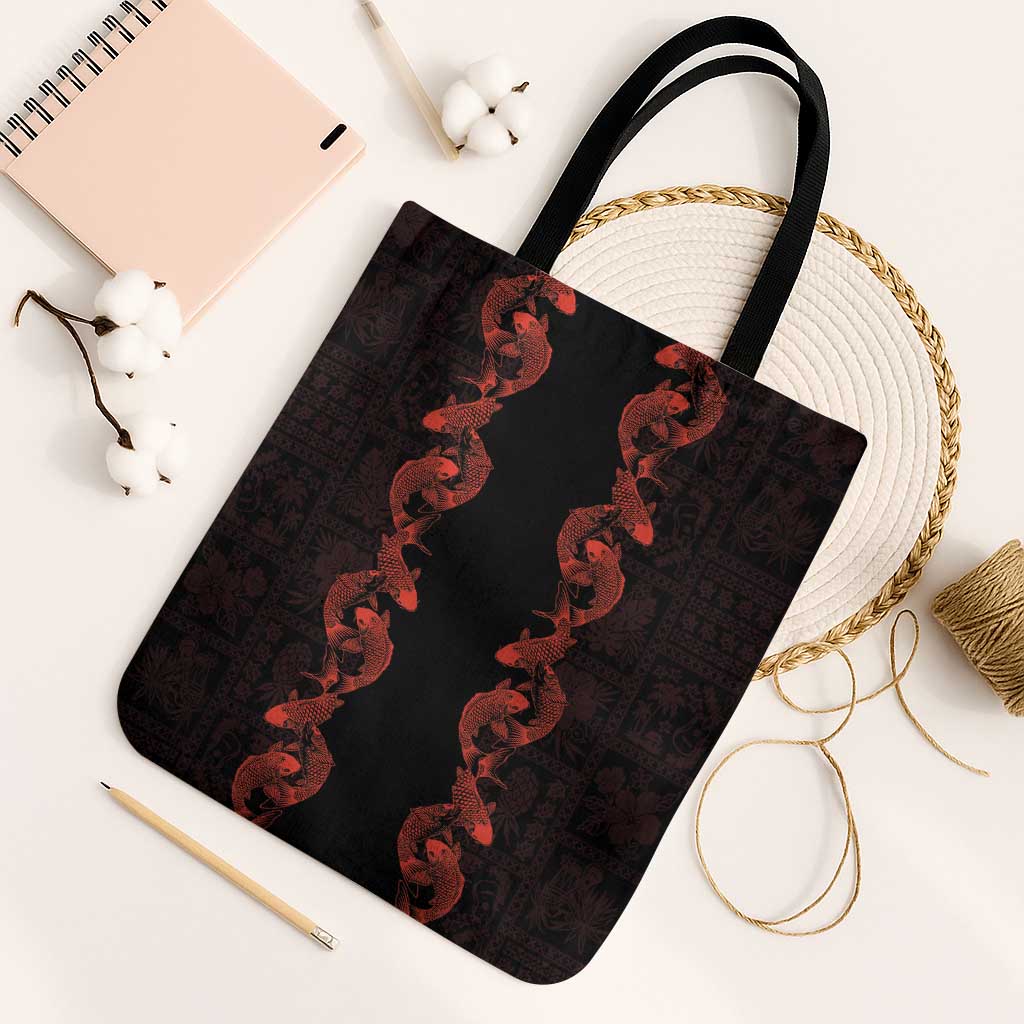 Hawaii Japan Koi Fish Red Tote Bag Tapa Pattern - Polynesian Pride