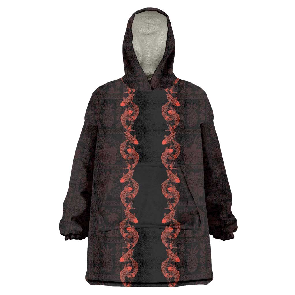 Hawaii Japan Koi Fish Red Wearable Blanket Hoodie Tapa Pattern - Polynesian Pride