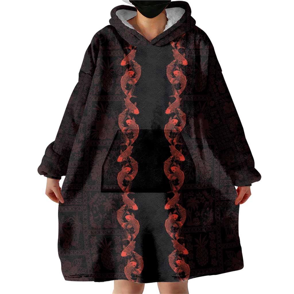 Hawaii Japan Koi Fish Red Wearable Blanket Hoodie Tapa Pattern - Polynesian Pride