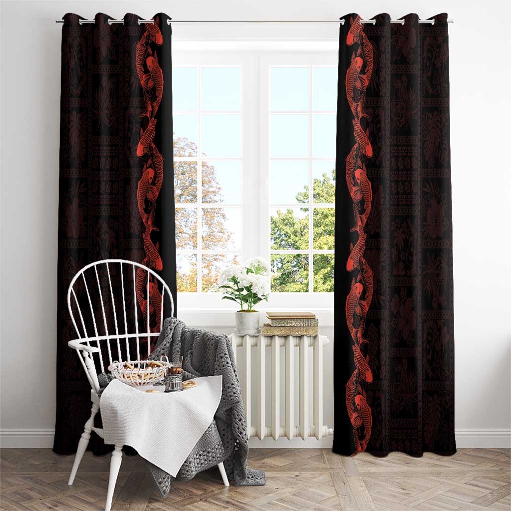 Hawaii Japan Koi Fish Red Window Curtain Tapa Pattern - Polynesian Pride