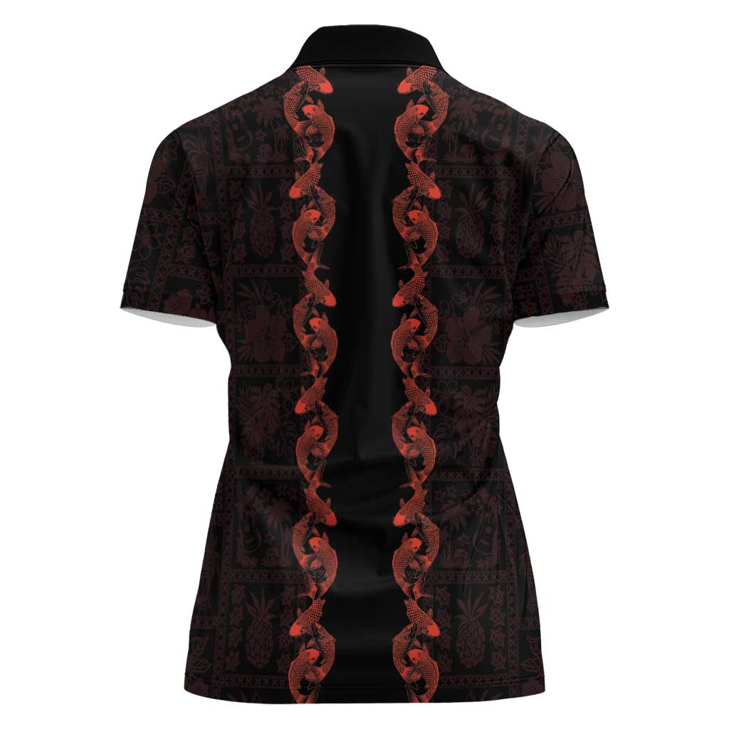 Hawaii Japan Koi Fish Red Women Polo Shirt Tapa Pattern LT01 - Polynesian Pride