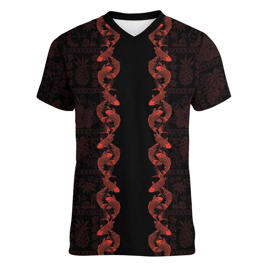 Hawaii Japan Koi Fish Red Women V-Neck T-Shirt Tapa Pattern LT01 Female Red - Polynesian Pride