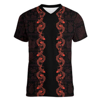 Hawaii Japan Koi Fish Red Women V-Neck T-Shirt Tapa Pattern LT01 Female Red - Polynesian Pride