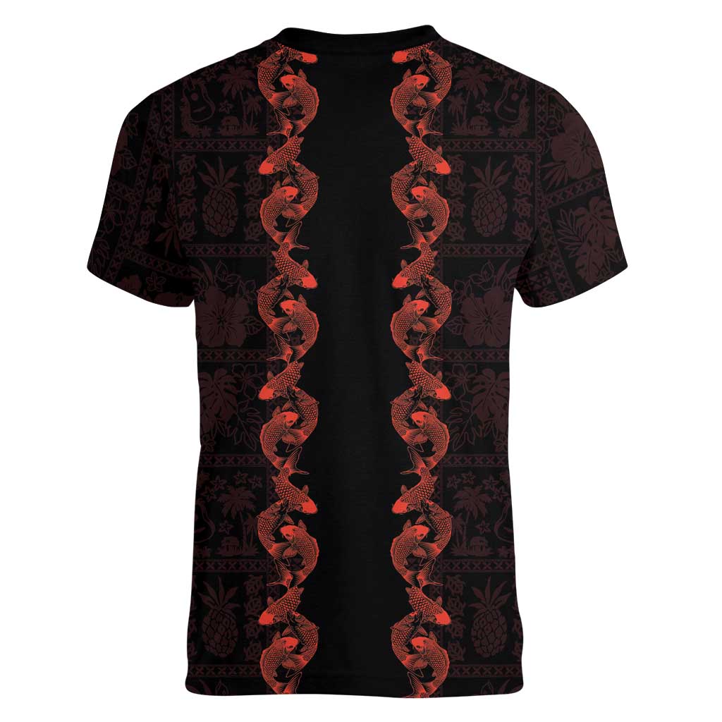 Hawaii Japan Koi Fish Red Women V-Neck T-Shirt Tapa Pattern LT01 - Polynesian Pride