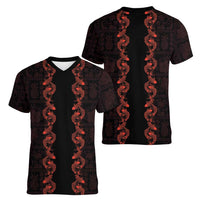 Hawaii Japan Koi Fish Red Women V-Neck T-Shirt Tapa Pattern LT01 - Polynesian Pride