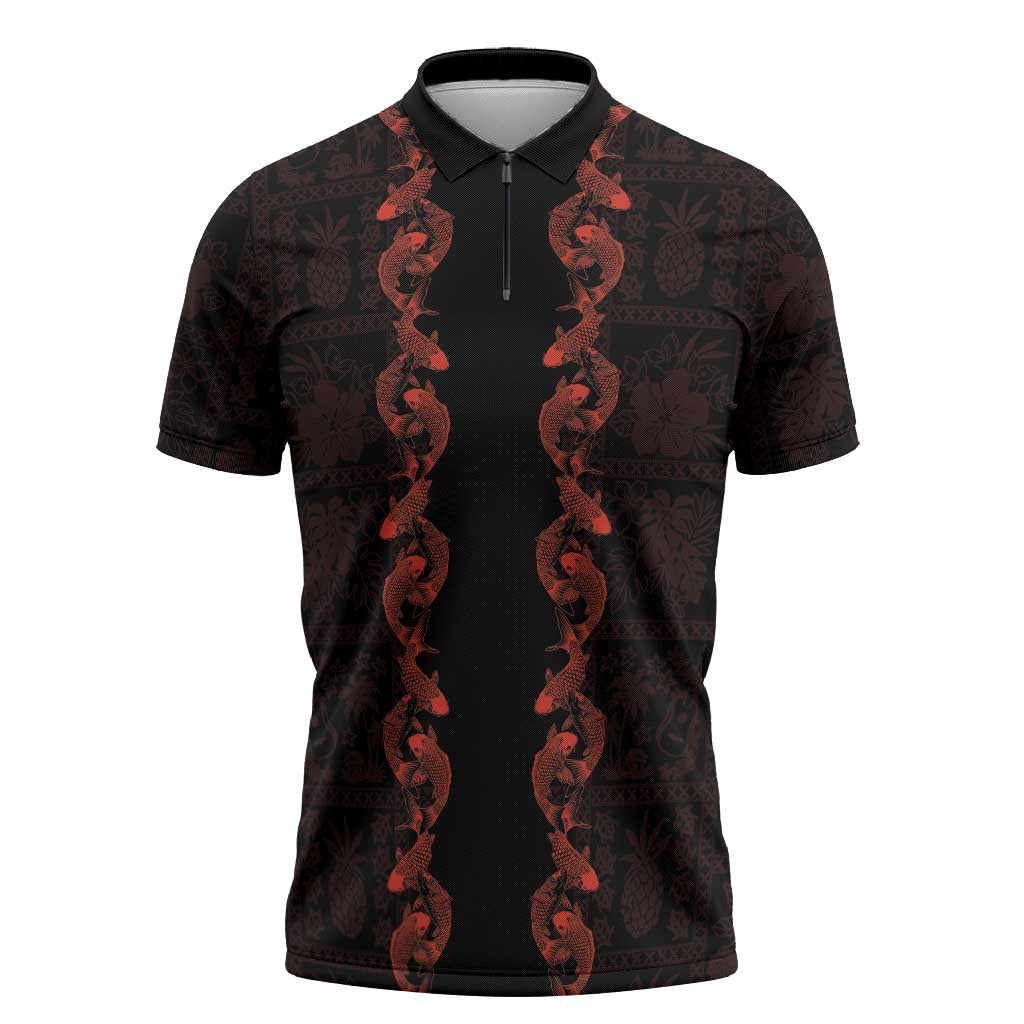 Hawaii Japan Koi Fish Red Zipper Polo Shirt Tapa Pattern LT01 Red - Polynesian Pride
