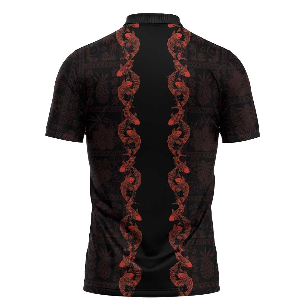 Hawaii Japan Koi Fish Red Zipper Polo Shirt Tapa Pattern LT01 - Polynesian Pride