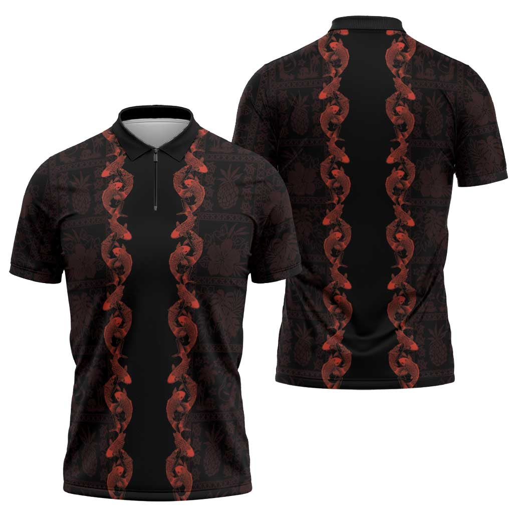 Hawaii Japan Koi Fish Red Zipper Polo Shirt Tapa Pattern LT01 - Polynesian Pride