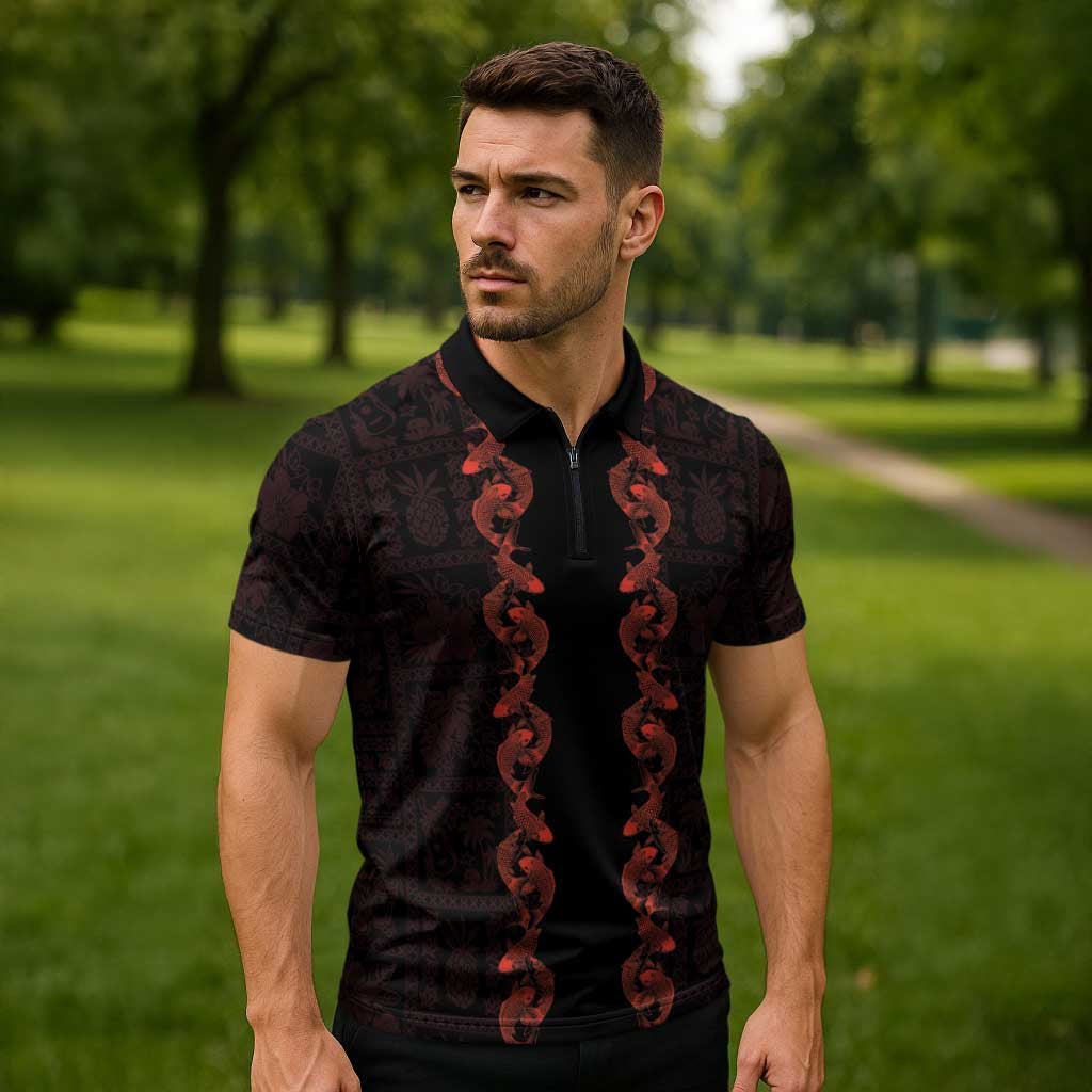 Hawaii Japan Koi Fish Red Zipper Polo Shirt Tapa Pattern LT01 - Polynesian Pride