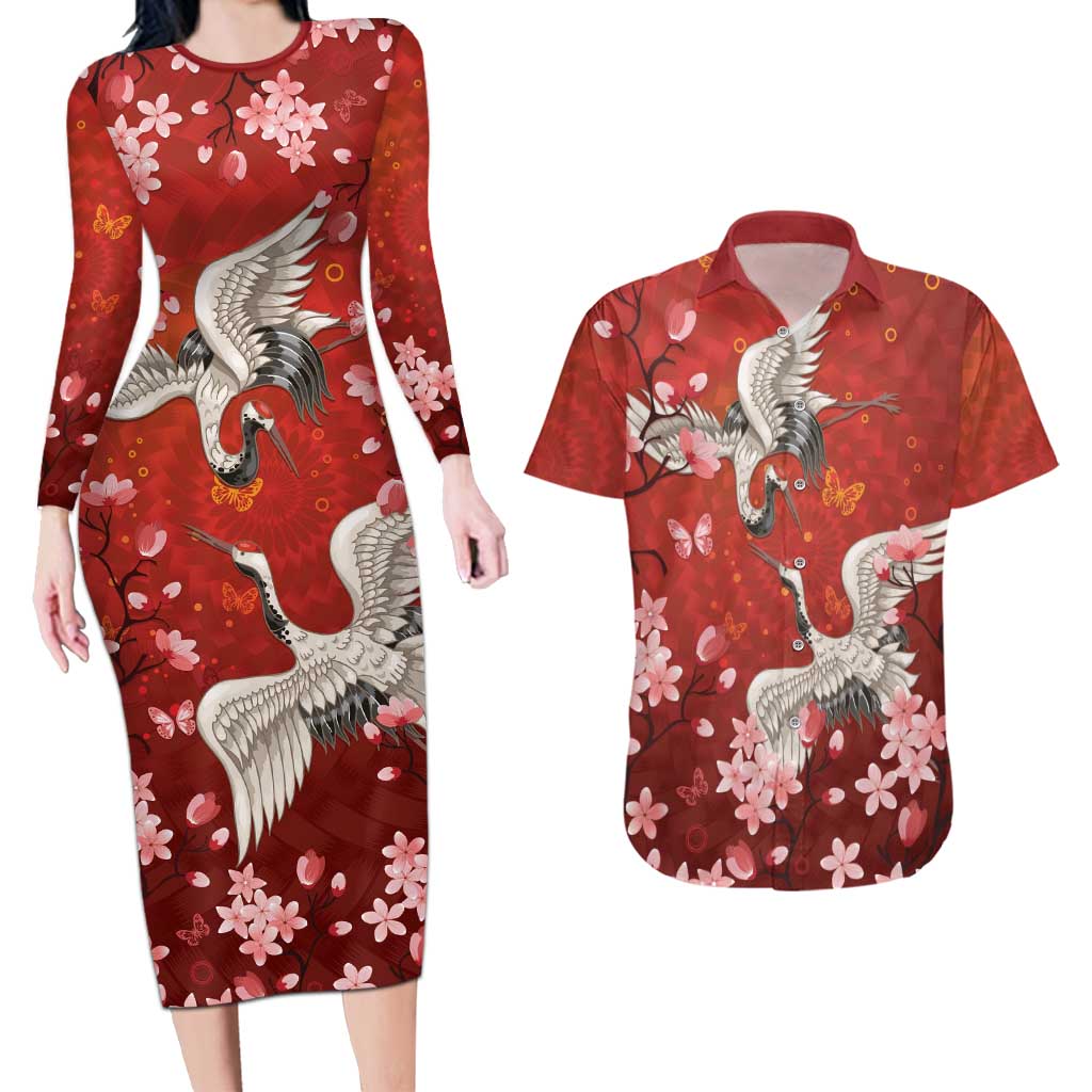 Hawaii Japan Cranes Sakura Flower Red Couples Matching Long Sleeve Bodycon Dress and Hawaiian Shirt Japan Heritage Spirit LT01 Red - Polynesian Pride