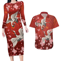 Hawaii Japan Cranes Sakura Flower Red Couples Matching Long Sleeve Bodycon Dress and Hawaiian Shirt Japan Heritage Spirit LT01 Red - Polynesian Pride
