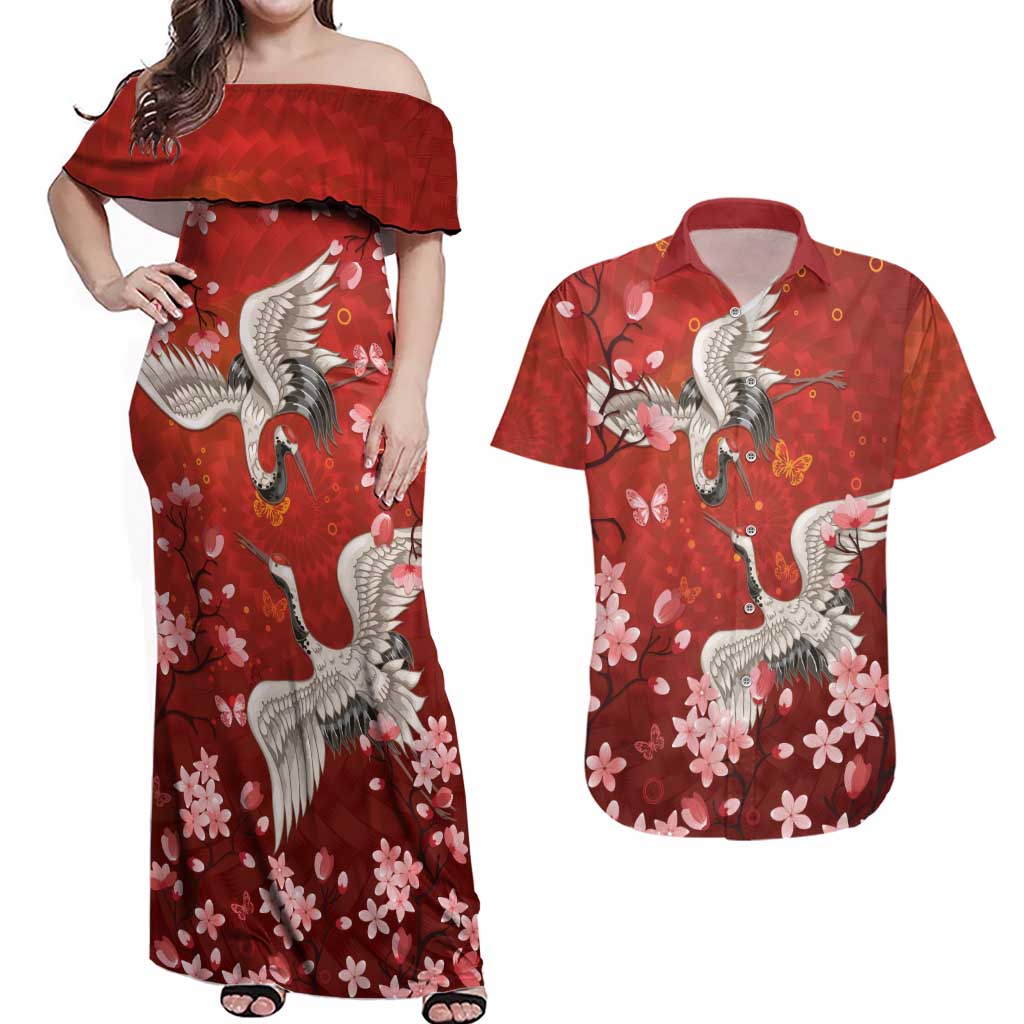 Hawaii Japan Cranes Sakura Flower Red Couples Matching Off Shoulder Maxi Dress and Hawaiian Shirt Japan Heritage Spirit LT01 Red - Polynesian Pride