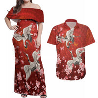 Hawaii Japan Cranes Sakura Flower Red Couples Matching Off Shoulder Maxi Dress and Hawaiian Shirt Japan Heritage Spirit LT01 Red - Polynesian Pride