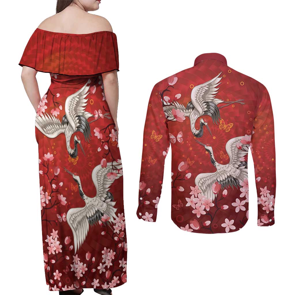 Hawaii Japan Cranes Sakura Flower Red Couples Matching Off Shoulder Maxi Dress and Long Sleeve Button Shirt Japan Heritage Spirit LT01 - Polynesian Pride