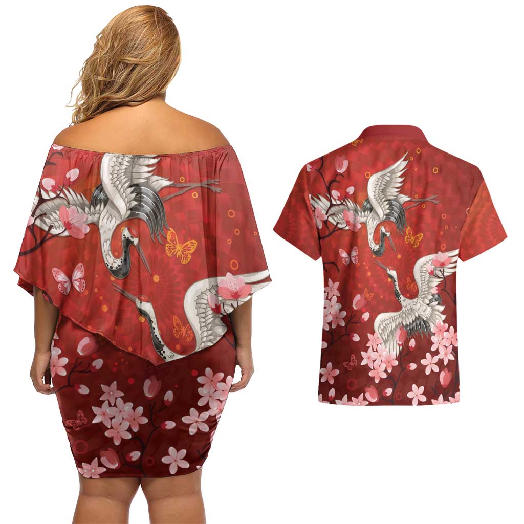 Hawaii Japan Cranes Sakura Flower Red Couples Matching Off Shoulder Short Dress and Hawaiian Shirt Japan Heritage Spirit LT01 - Polynesian Pride