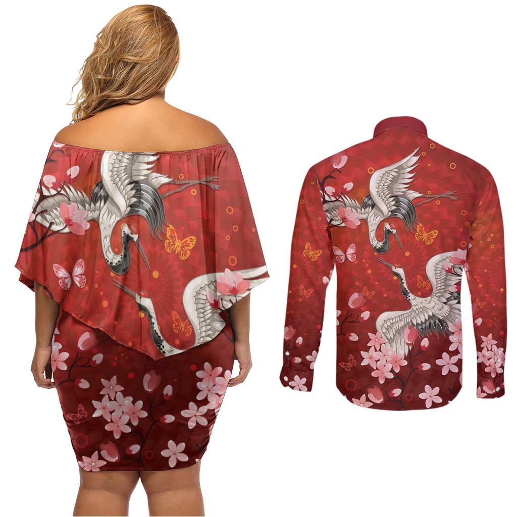 Hawaii Japan Cranes Sakura Flower Red Couples Matching Off Shoulder Short Dress and Long Sleeve Button Shirt Japan Heritage Spirit LT01 - Polynesian Pride