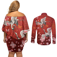 Hawaii Japan Cranes Sakura Flower Red Couples Matching Off Shoulder Short Dress and Long Sleeve Button Shirt Japan Heritage Spirit LT01 - Polynesian Pride
