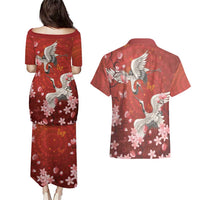 Hawaii Japan Cranes Sakura Flower Red Couples Matching Puletasi and Hawaiian Shirt Japan Heritage Spirit LT01 - Polynesian Pride