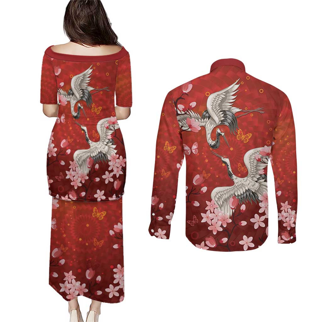 Hawaii Japan Cranes Sakura Flower Red Couples Matching Puletasi and Long Sleeve Button Shirt Japan Heritage Spirit LT01 - Polynesian Pride