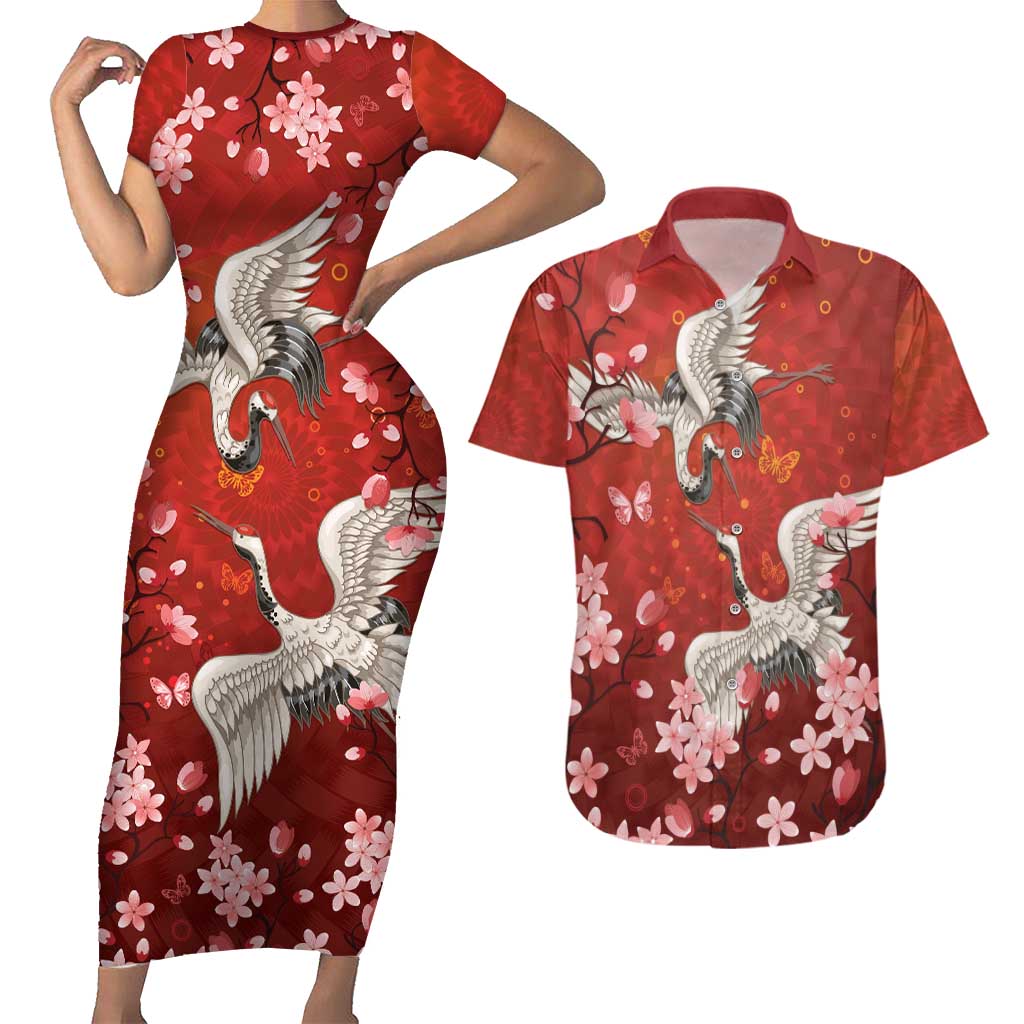 Hawaii Japan Cranes Sakura Flower Red Couples Matching Short Sleeve Bodycon Dress and Hawaiian Shirt Japan Heritage Spirit LT01 Red - Polynesian Pride
