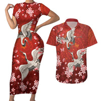 Hawaii Japan Cranes Sakura Flower Red Couples Matching Short Sleeve Bodycon Dress and Hawaiian Shirt Japan Heritage Spirit LT01 Red - Polynesian Pride