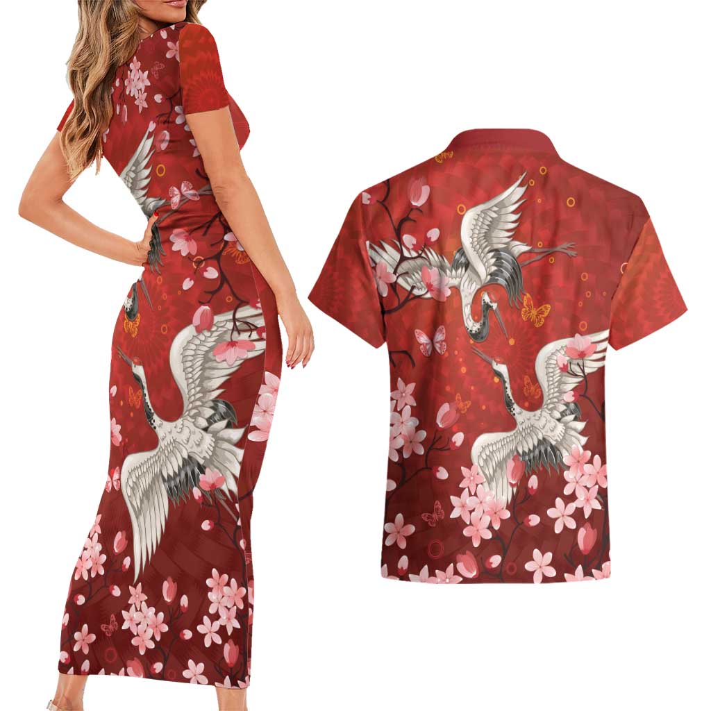 Hawaii Japan Cranes Sakura Flower Red Couples Matching Short Sleeve Bodycon Dress and Hawaiian Shirt Japan Heritage Spirit LT01 - Polynesian Pride