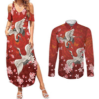 Hawaii Japan Cranes Sakura Flower Red Couples Matching Summer Maxi Dress and Long Sleeve Button Shirt Japan Heritage Spirit LT01 Red - Polynesian Pride